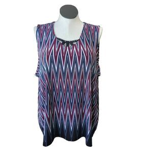 CJ Banks Women's 2X Sleeveless Tunic Burgundy Blue Chevron Stripe Lightweight